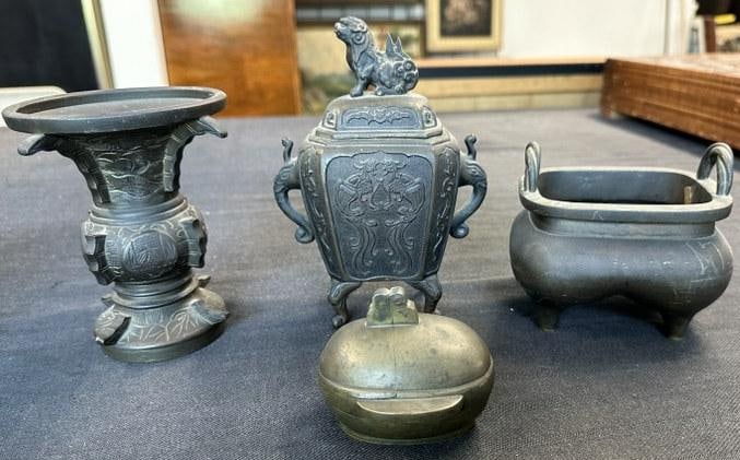 (4) pc. Asian bronze lot to include (3) censars & vase. Nice old patinas, found in six generation (1 of 15)