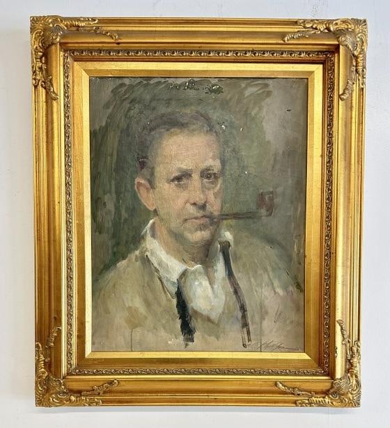 Melville Phillips (mid 20th century) o/c self portrait, some paint flakes near top and right of his (1 of 3)