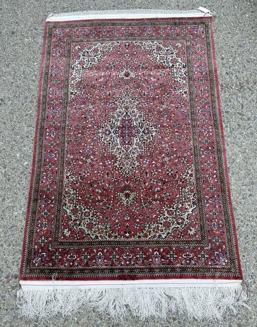 Very fine silk oriental rug, was always hanging on wall, from fine estate in Hudson Valley, measures (1 of 4)