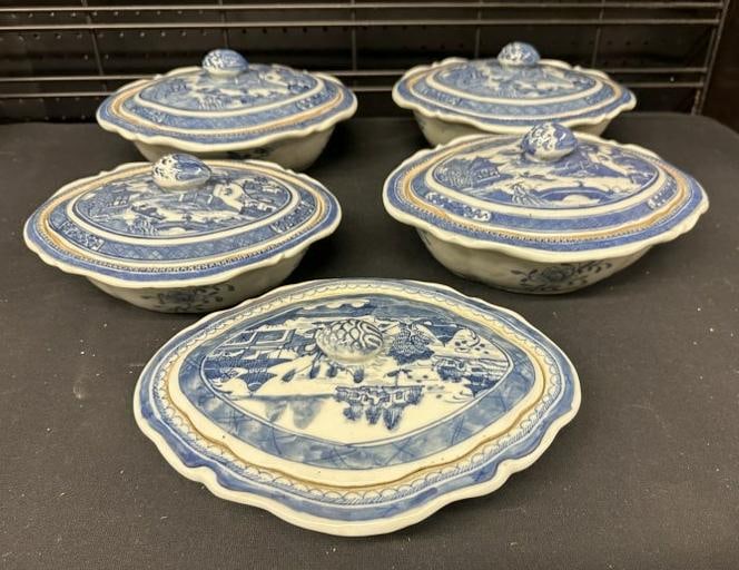 (5) antique Chinese Export Canton Ware Blue & White covered dishes, nice estate condition, from six (1 of 7)