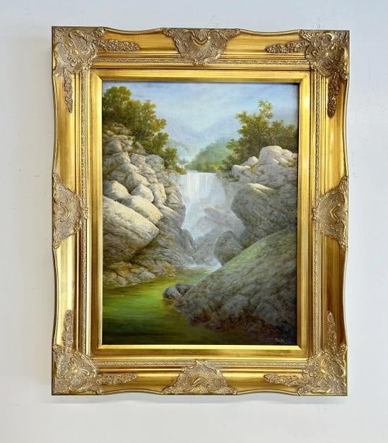 Wonderful contemporary o/b landscape with waterfall, in nice contemporary gold frame, signed (1 of 2)