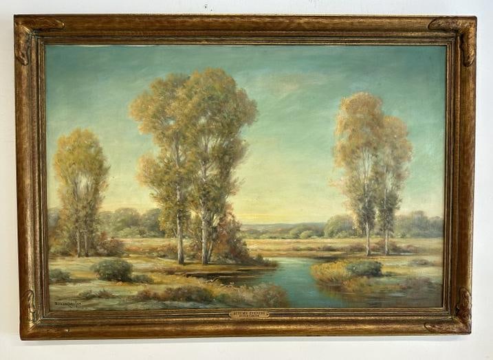 Duncan Carlton (20th century) o/c Fall landscape ( titled AUTUMN EVENING ), in nice carved frame, (1 of 4)