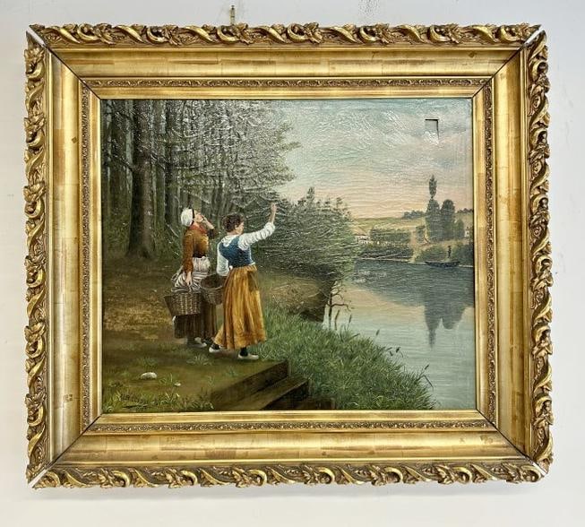 Nice estate o/c landscape with (2) women with baskets waving to the boats, signed lower right, dated (1 of 5)