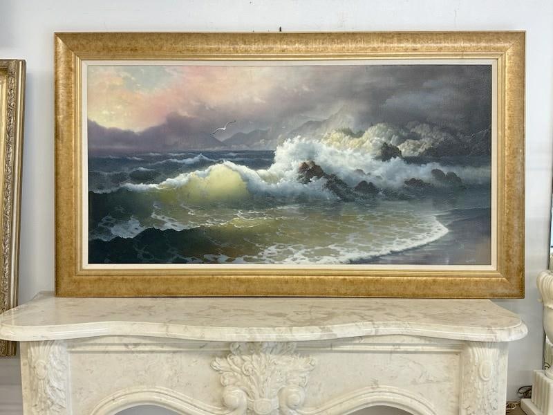 Large contemporary o/c seascape with crashing waves, signed lower right ( WEEKLY ). From estate in (1 of 3)