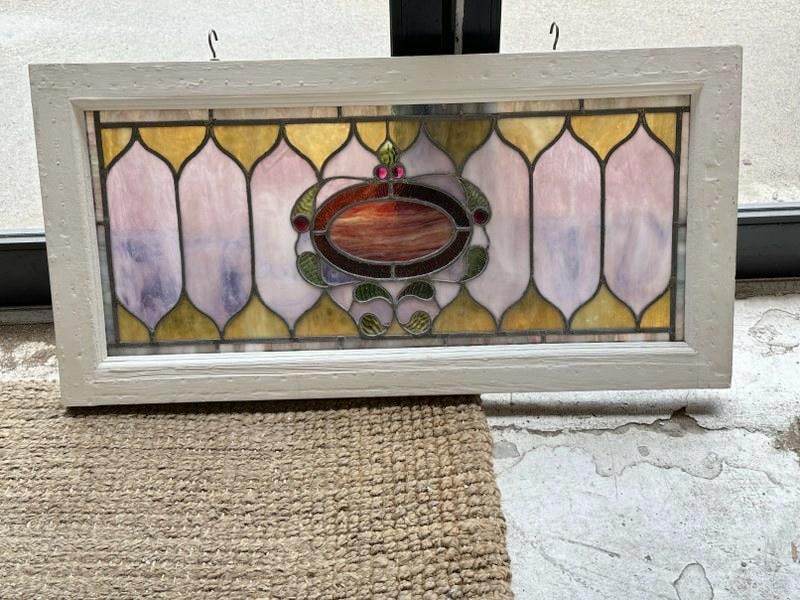 Circa 1900 stained glass window, in very nice condition, frame measures 18" x 35.5".: Circa 1900 stained glass window, in very nice condition, frame measures 18" x 35.5".
