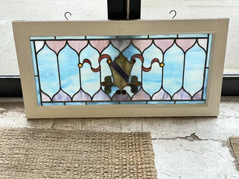 Circa 1900 stained glass window, in very nice condition, frame measures 17.75" x 36".: Circa 1900 stained glass window, in very nice condition, frame measures 17.75" x 36".
