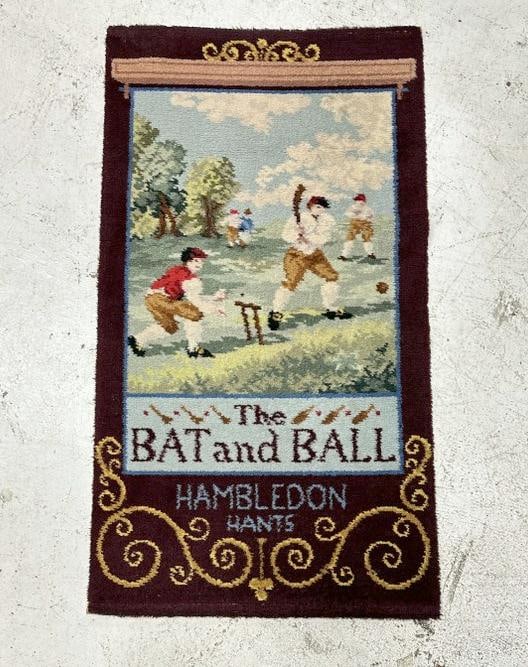 Cricket wool wall hanging The Bat and Ball HAMBLEDON HANTS, found in local estate, measures 40" x (1 of 3)