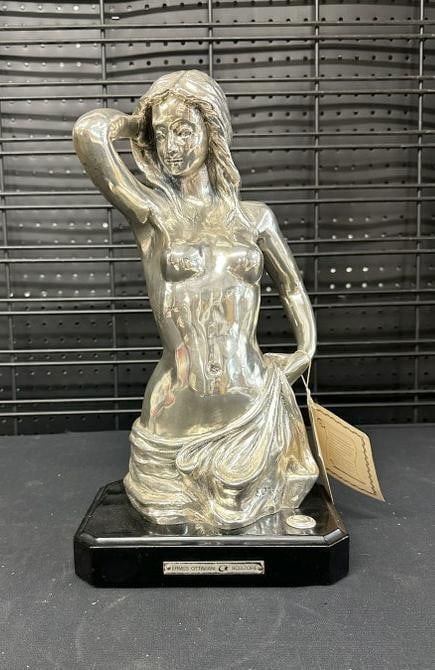 ERMES OTTAVIANI ( SCULTORE ) sterling silver coated partially clad nude woman sculpture, fine: ERMES OTTAVIANI ( SCULTORE ) sterling silver coated partially clad nude woman sculpture, fine condition, has original tag as pictured. Marked 925 on button tag on base. Measures 16" high. From fine es