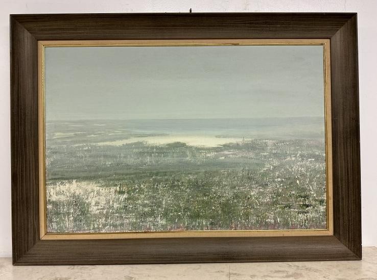 Barbara Joan Cocker (1923 - 2009) acrylic on board landscape with sea in background, Artist label on (1 of 3)