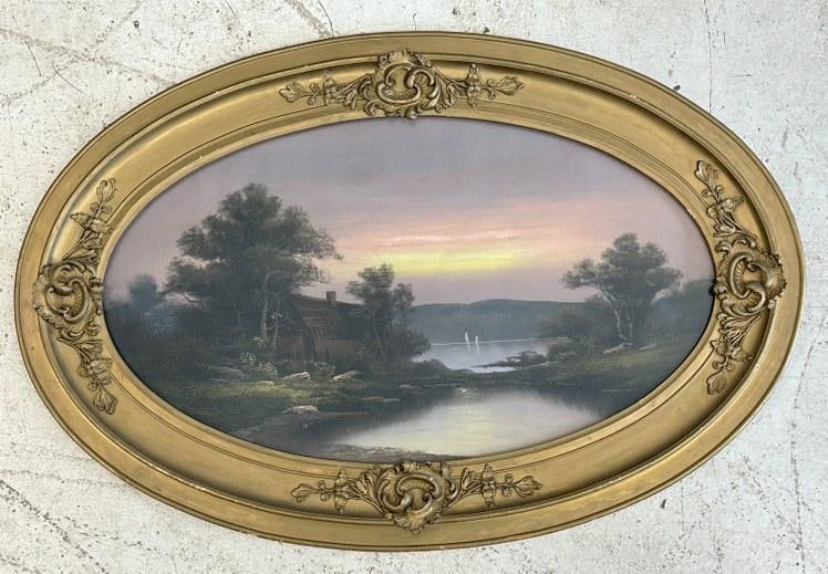 Nice 19th c pastel landscape in oval frame, non reflective glass put in, unsigned, in manner of: Nice 19th c pastel landscape in oval frame, non reflective glass put in, unsigned, in manner of Chandler, possibly Hudson Valley, from Hudson Valley estate. Painting measures 14" x 24", the frame meas