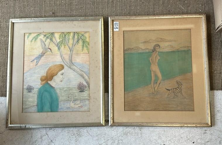 (2) folky pencil & crayon drawings, unsigned, from NYC estate, ( a nude woman with dalmation & a red: (2) folky pencil & crayon drawings, unsigned, from NYC estate, ( a nude woman with dalmation & a red headed woman with birds ), in matching frames of the period ( circa 1940's ? ), drawings measure 17