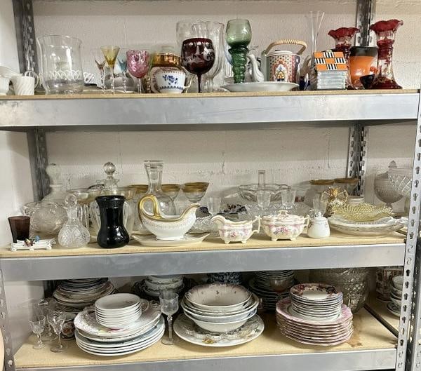 (3) shelves of older estate porcelains and glassware, from Woodstock, N.Y. estate, great lot for (1 of 15)