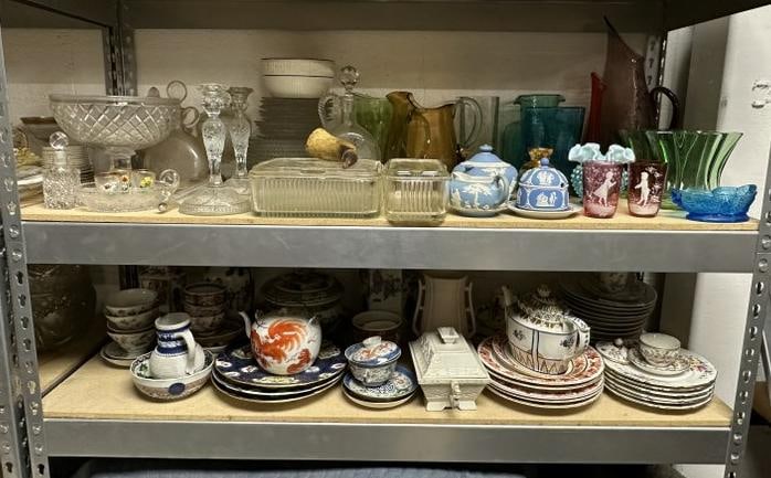 Wonderful estate lot (2) shelves of older porcelains and glassware, from SIX generation Stone (1 of 16)