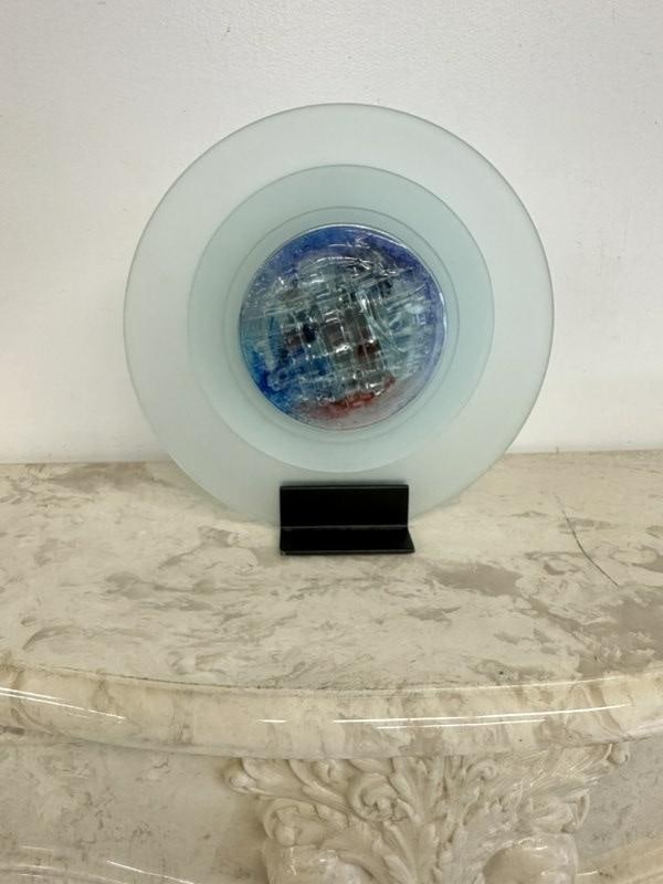 KELEMEN KUATRO double sided art glass sculpture, on metal stand, fine condition, measures 12.5" high (1 of 4)