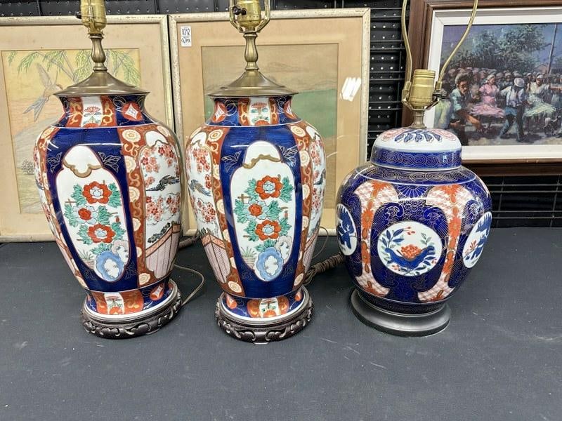 (3) ASIAN decorative porcelain table lamps, from NYC estate, includes a pair. In very nice (1 of 4)