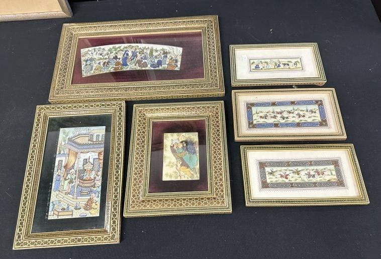(6) framed Persian paintings on bone, from NYC estate, in similar frames, fine condition…..Good: (6) framed Persian paintings on bone, from NYC estate, in similar frames, fine condition…..Good lot for dealer to sort out…..