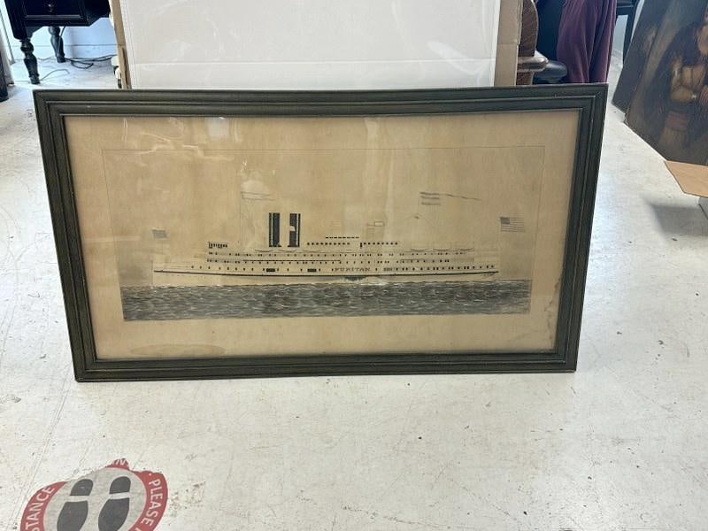 Wonderful 19th c large frame drawing of the ship ( PURITAN ), lower right corner signed ( DRAWN BY C (1 of 5)
