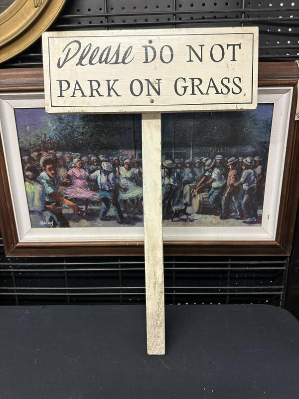 Wonderful circa 1940's or so (PLEASE DO NOT PARK ON GRASS ) handpainted wooden sign, found in the: Wonderful circa 1940's or so (PLEASE DO NOT PARK ON GRASS ) handpainted wooden sign, found in the barn of six generation farmhouse in Stone Ridge, N.Y. in the Hudson Valley….Measures 26" high and si