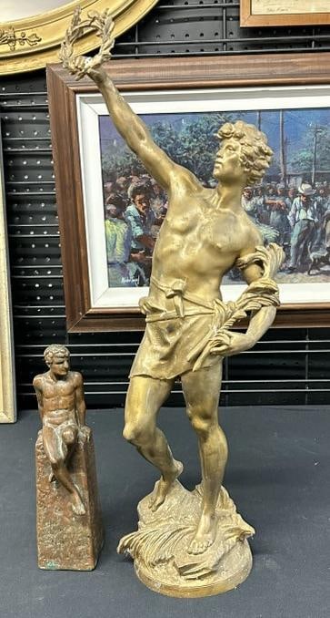 (2) older Male figures including bronze coated seated figure measuring 10" high & white metal figure (1 of 7)