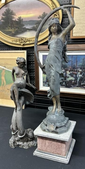(2) vintage (not antique ) bronze female figures with worn patina from being outside in garden in (1 of 7)