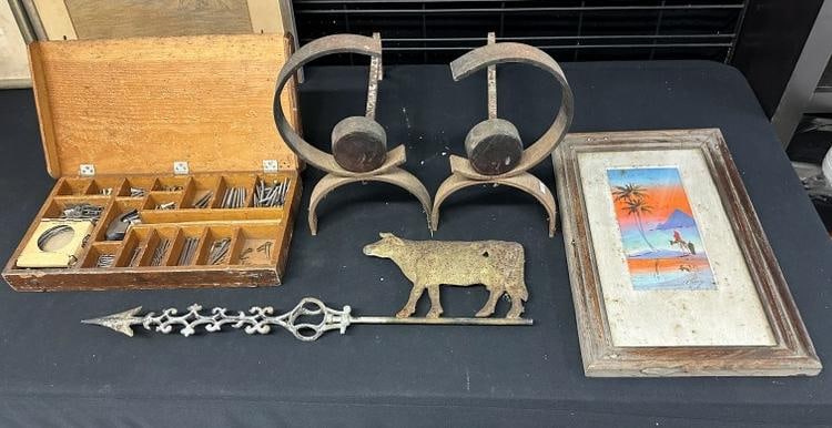 Misc. estate lot to include old wood box with nails & hammer, nice form andirons, partial cow (1 of 7)