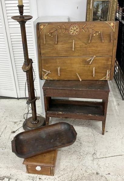 (2) pc. Country lot from local estate, small bench, small drawer, wood bowl, hanging bread board (1 of 4)