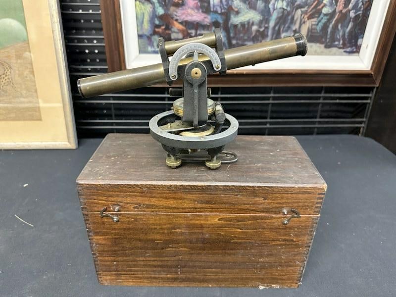 Early mostly brass SURVEYORS TRANSIT, in original wood box, I can't make out Maker, but it says MADE (1 of 10)