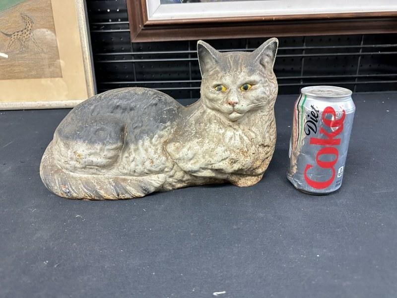 Reproduction cast iron cat doorstop, has some age, but not antique, measures 13" front to back.: Reproduction cast iron cat doorstop, has some age, but not antique, measures 13" front to back.