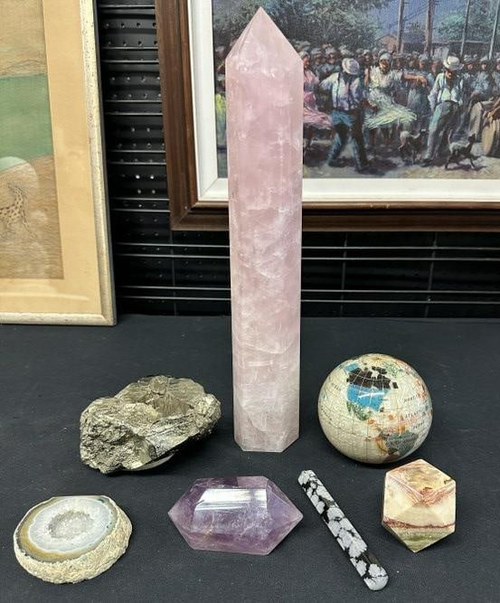 Misc. estate stone and crystal lot, the 16" tall rose quart obelysk has a piece off the back, just (1 of 4)