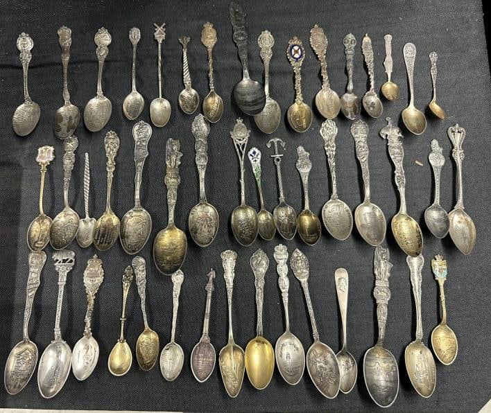 (47) early SOUVENIR SPOONS (40) marked sterling, (7) not marked stering. A great mixed lot, great (1 of 10)