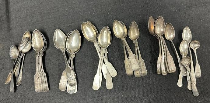 (37) pcs. Early coin silver from six generation farmhouse in Hudson Valley, including some matching (1 of 7)