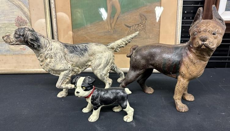 (3) cast iron dog doorstops, found in Chester, N.Y. estate, just as we found them, longest measures (1 of 5)