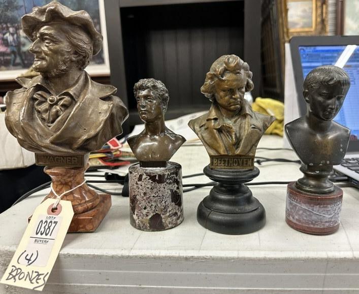(4) small bronzes ( 3 Music related ) from estate in Chester, N.Y. ( one has marble base that needs: (4) small bronzes ( 3 Music related ) from estate in Chester, N.Y. ( one has marble base that needs to be epoxied, tape holding two pieces together now. Includes WAGNER on marble base measuring 8.5" h