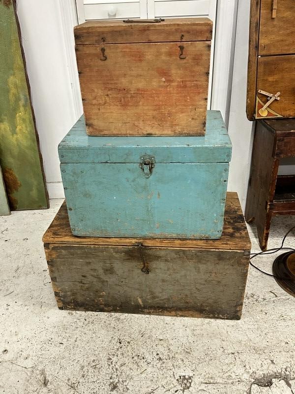 (3) old boxes from country home in Hudson Valley, just as we found them, nice worn patina's, one on (1 of 2)