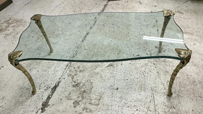 In the manner of P E Guerin plate glass coffee table with heavy brass legs, wonderful condition, (1 of 4)