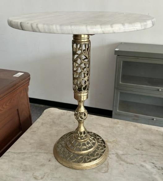 Small brass base marble top stand, nice condition, top measures 15" round X 18" H (1 of 1)