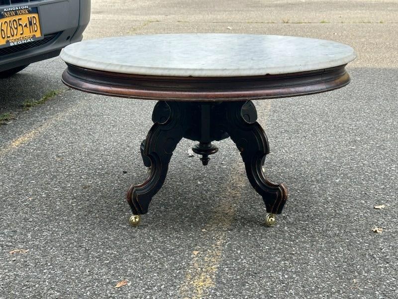 Victorian walnut marble top coffee table, hairline crack in top, table structurally sound, nice dark (1 of 2)