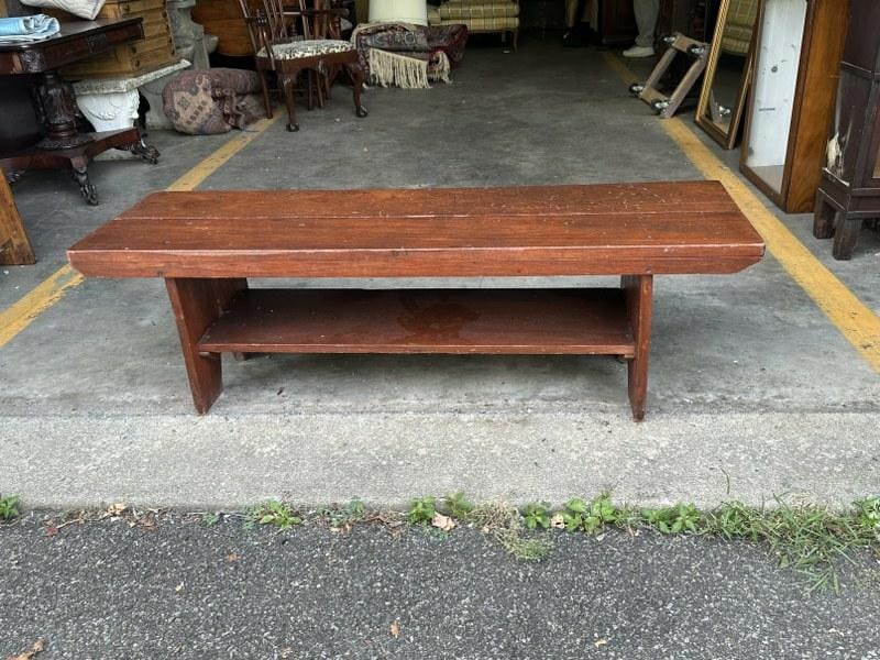 Nice old country bench w/2 board top & storage shelf underneath, nice old finish, measures 18 1/2" H: Nice old country bench w/2 board top & storage shelf underneath, nice old finish, measures 18 1/2" H X 60 1/2" W X 18 1/2" D