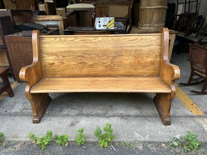 Carved oak church pew, very nice condition, from local estate, measures 36 3/4" H X 60" W X 23" D: Carved oak church pew, very nice condition, from local estate, measures 36 3/4" H X 60" W X 23" D