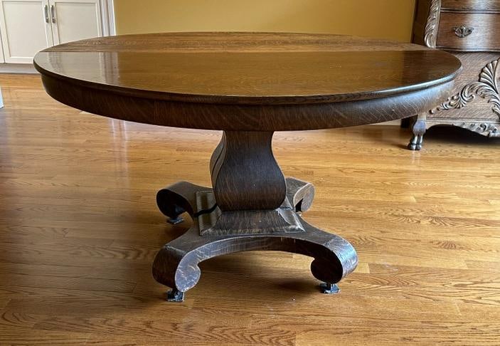 54" Quarter sewn oak round table, original finish to half of the top, other half stripped, some (1 of 4)