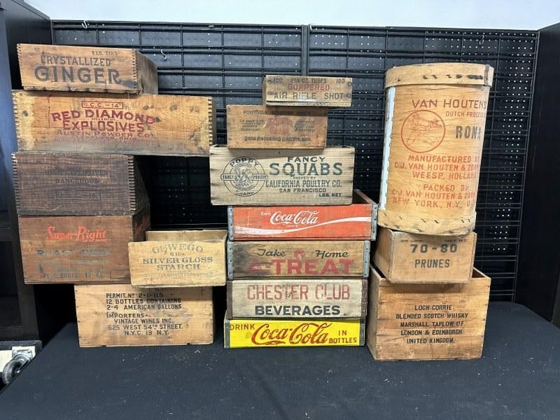 Big lot older advertising wood boxes and crates, including soda carriers, from local estate, who had (1 of 6)