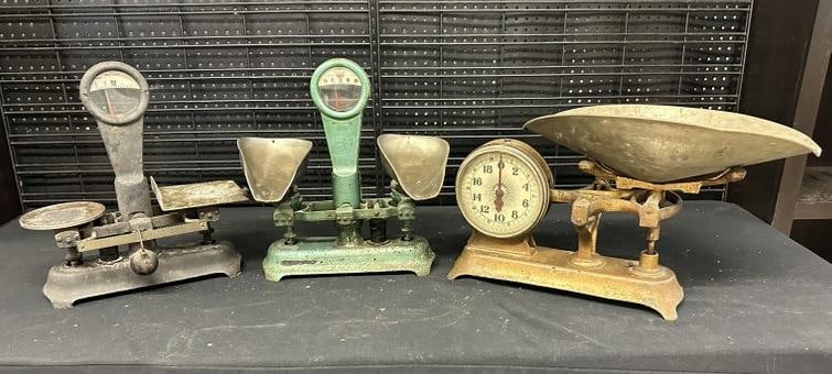 Lot of (3) older balance scales, from estate in Hudson Valley, were used as props all through the: Lot of (3) older balance scales, from estate in Hudson Valley, were used as props all through the house. Just as we found them.
