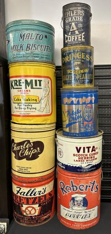 Lot of larger old advertising tins, great lot for dealer to sort out, were used as props in large (1 of 2)