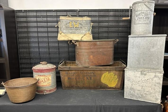 Misc. estate lot to include large banana box, galvinized pails, dispenser, etc. From Hudson Valley (1 of 5)