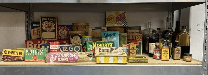 Shelf lot older advertising boxes, tins, etc. from local estate, used as props throughout the house. (1 of 6)
