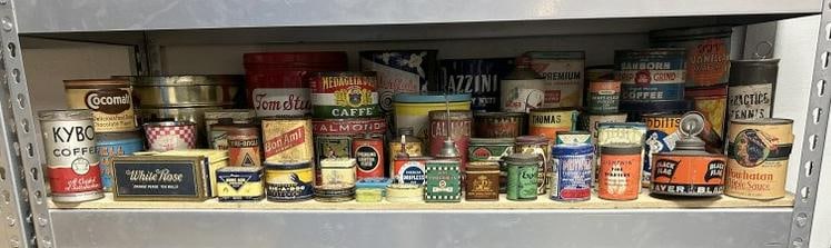 Shelf lot old advertising tins & related, from Hudson Valley estate, used as props throughout the (1 of 6)