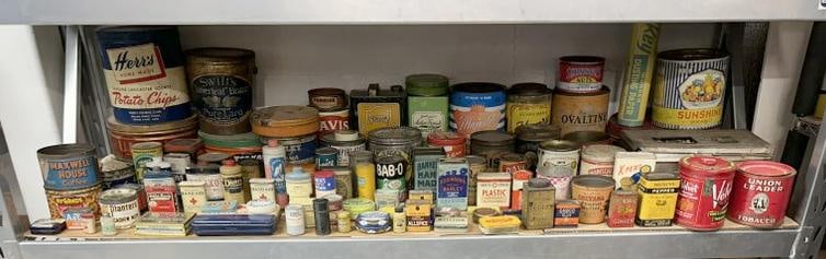 Big shelf lot older advertising items, used as props throughout the house, great lot for dealer to (1 of 9)