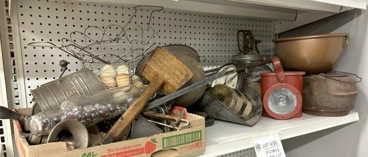 Vintage estate shelf lot of interesting country items, kitchen utensils, churn,copper bowl, mallet, (1 of 13)