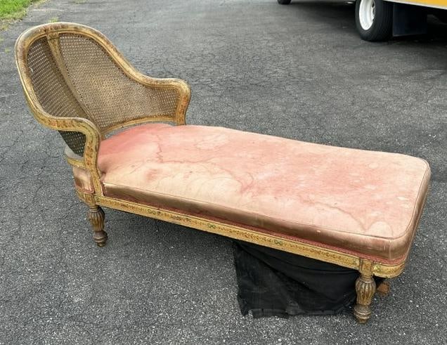 Very nice circa 1900 decorative recamier w/cane back, beautifully worn hand painted floral decorated: Very nice circa 1900 decorative recamier w/cane back, beautifully worn hand painted floral decorated all the way around, fabric and under strapping need to be replaced, from Hudson Valley estate, a fe
