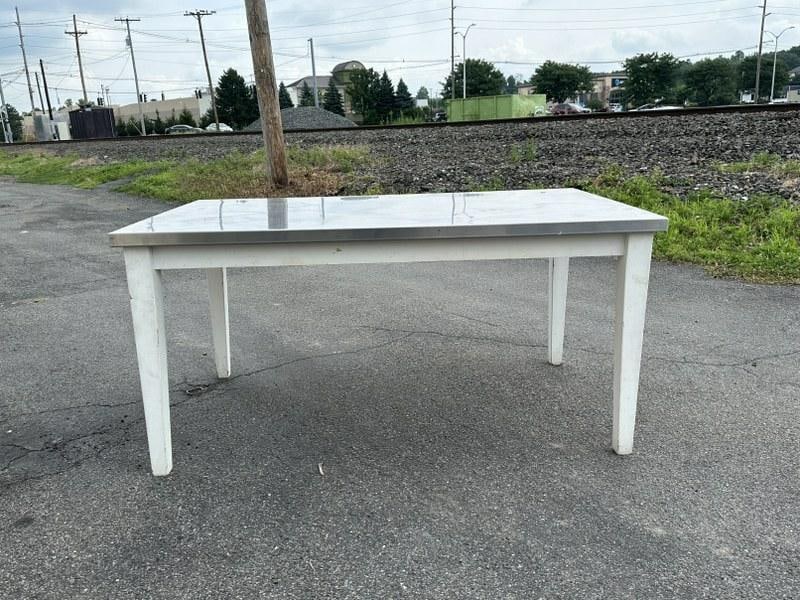 Stainless steel top white wood base dining table or work table, measures 60" X 36" X 29" H, (1 of 5)